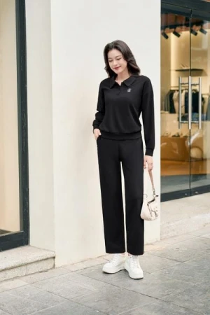 Đồ bộ thu đông nữ chất liệu cotton tổ ong áo bo gấu cổ polo quần dài