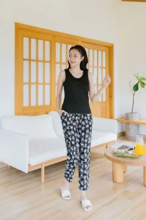 Quần baggy nữ cạp chun chất lụa Hàn Châu hoạ tiết