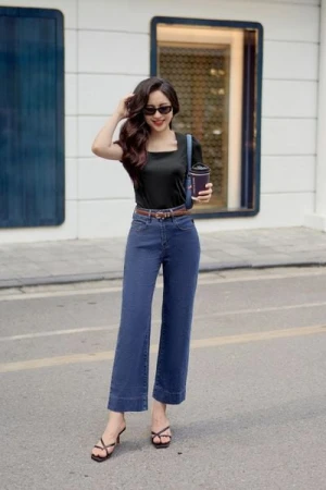 Quần jean ống đứng chính hãng Cardina cạp cao 2 khuy cho nữ