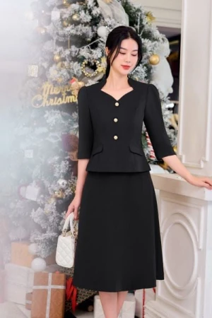Set chân váy chữ A áo cổ nữ hoàng tay lỡ chất liệu dạ tweed không nhăn