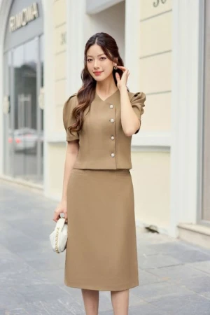 Set ký giả chất liệu vải tuýtsi cổ tim tay lỡ chính hãng Cardina