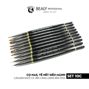 SET CỌ NAIL 10C VẼ NÉT SIÊU MẢNH CÁN ĐEN ĐUÔI CÁ VIỀN VÀNG LAWEI KÈM ỐNG