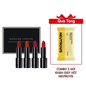 Bộ Quà Tặng 4 Cây Son Nhung Lì Nội Địa Trung Mẫu NDT062 Tặng Combo 5 Gói Khăn Giấy Ướt Neutrovis