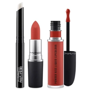 Set Son MAC Prep Powder Kiss Lip Set Chili (Fullsize 3 Cây : 1 Mac 316 1 Mac 991 1 (MAC Prep Prime)) - Màu (316-Đỏ Đất; 991-Đỏ Gạch; Prep Prime - Không Màu)