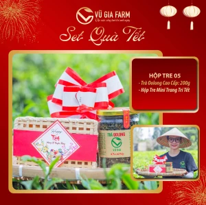 SET QUÀ TẾT HỘP TRE 05 Gồm Trà Oolong Kim Tuyên Cao Cấp Nguyên Chất Bảo Lộc Vũ Gia (200g/ hũ) Hộp Tre Mini Trang Trí Tết