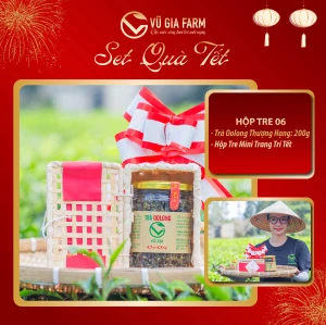 SET QUÀ TẾT HỘP TRE 06 Gồm Trà Oolong Tứ Quý Thượng Hạng Bảo Lộc Vũ Gia (200g/ hũ) Hộp Tre Mini Trang Trí Tết