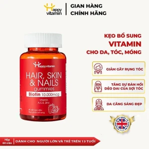 Kẹo dẻo Happy Vitamin Hair Skin & Nails Biotin 10000mcg đẹp da ngăn rụng tóc hạn chế lão hóa nuôi dưỡng tóc móng chắc khỏe - Hộp 60 viên
