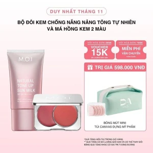 Bộ Đôi Kem Chống Nắng Nâng Tông Tự Nhiên M.O.I 40ml Và Má Hồng Kem 2 Màu