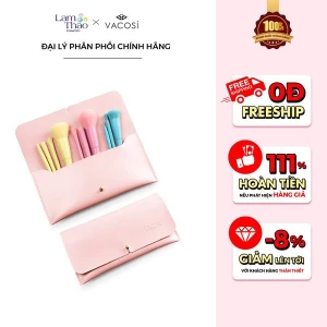 Bộ Cọ Trang Điểm Cá Nhân Vacosi 10 Cây & Ví Hồng Vacosi Candy Puffy Brush Set