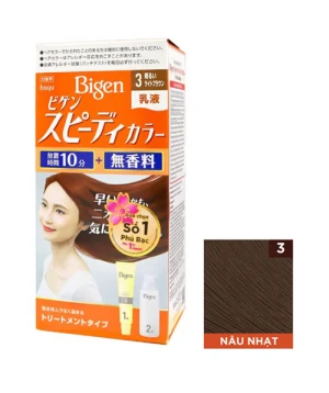 Thuốc nhuộm Bigen Speedy Color Milky Màu 3 - Nâu nhạt, dạng sữa, phủ bạc chỉ trong 10 phút, thành phần thảo dược an toàn cho tóc