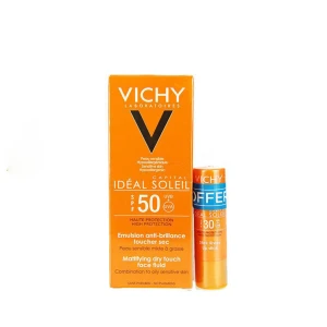 Set Kem Chống Nắng Vichy SPF 50 Ideal Soleil Emulsion Anti-Brillance 50ml Tặng Kem Son Dưỡng Môi Vichy