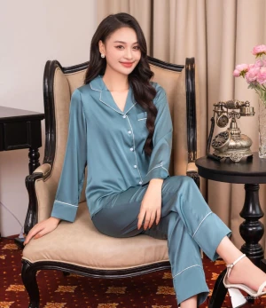 Bộ đồ ngủ pijama lụa tay dài quần dài trơn cao cấp (4 màu)