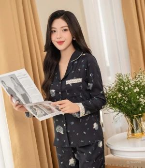 Đồ ngủ nữ lụa pijama mặc nhà tay dài quần dài màu đen